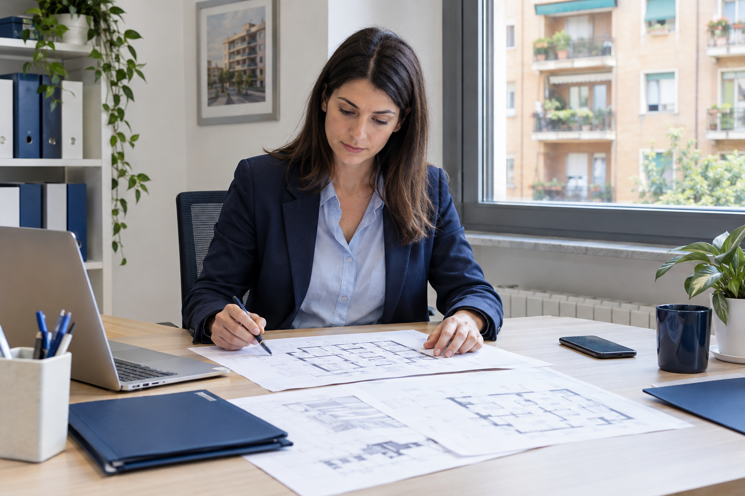 Amministratrice consulta la planimetria di uno stabile nel suo studio